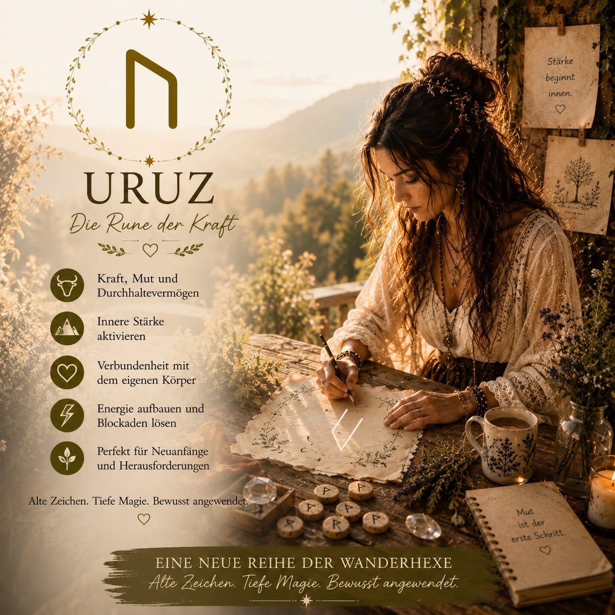 Uruz ist für mich keine „sanfte“ Rune.

Sie trägt etwas Rohes in sich. 
Kraft. 
Durchhaltevermögen. 
Und diesen Moment, in dem man merkt:
Jetzt muss ich wieder aufstehen.

Ich arbeite mit Uruz gerne in Phasen, in denen Energie fehlt oder man sich selbst verloren hat zwischen Sorgen, Druck oder ständigen Gedanken.

Nicht, um plötzlich unbesiegbar zu werden. 
Sondern um sich wieder mit der eigenen Stärke zu verbinden.

Mit dem, was noch da ist.

Manche nutzen diese Rune in Ritualen für Mut, Neubeginn oder innere Stabilität. 
Andere zeichnen sie auf Kerzen, tragen sie bei sich oder setzen sie bewusst in Zeiten ein, die Kraft verlangen.

Und genau das mag ich an ihr.

Uruz wirkt nicht laut. 
Aber sie schiebt an. 
Langsam. Erdend. Klar.

Wie ein tiefer Atemzug nach einer viel zu langen Zeit im Chaos.

✨

Welche Rune interessiert euch als Nächstes am meisten?

Wenn dir diese Reihe gefällt, freue ich mich riesig über ein Like, einen Kommentar oder wenn du den Beitrag speicherst. So sehe ich, welche Themen euch besonders interessieren und welche alten Zeichen wir gemeinsam noch entdecken dürfen. 🌙

#runen #uruz #die_wanderhexe #hexenwissen #modernehexe