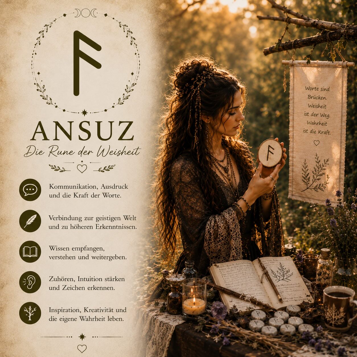 Ansuz ist für mich eine Rune, die man nicht zwischen Tür und Angel nutzt.

Sie gehört für mich in Momente, in denen Klarheit gebraucht wird. 
Wenn Gedanken feststecken. 
Wenn Gespräche schwer werden. 
Oder wenn man das Gefühl hat, dass man die eigene Stimme irgendwo verloren hat.

Ich arbeite mit Ansuz gerne vor wichtigen Gesprächen, Ritualen oder immer dann, wenn ich bewusst Worte lenken möchte.

Ich ritze die Rune beispielsweise in eine blaue oder weiße Kerze. 
Danach schreibe ich auf ein Blatt Papier, was ausgesprochen, verstanden oder endlich klar gesehen werden soll.

Dann zünde ich die Kerze bewusst an und spreche laut aus, was gehört werden darf.

Nicht aggressiv. 
Nicht manipulativ. 
Sondern klar.

Denn genau darum geht es bei Ansuz für mich:
Worte mit Bewusstsein zu nutzen.

Manche tragen diese Rune auch bei sich, zeichnen sie auf Briefe, Journalseiten oder nutzen sie in Ritualen rund um Kommunikation, Intuition und Erkenntnis.

Und ehrlich? 
Ich glaube, viele Probleme entstehen nicht, weil Menschen nichts fühlen.

Sondern weil niemand mehr ehrlich sagt, was wirklich in ihm vorgeht.

✨

Wenn dir diese Reihe gefällt, freue ich mich riesig über ein Like, einen Kommentar oder wenn du den Beitrag speicherst. So sehe ich, welche alten Zeichen euch besonders interessieren und welche Themen wir gemeinsam noch vertiefen dürfen. 🌙
#runen #ansuz #die_wanderhexe #hexenwissen #modernehexe