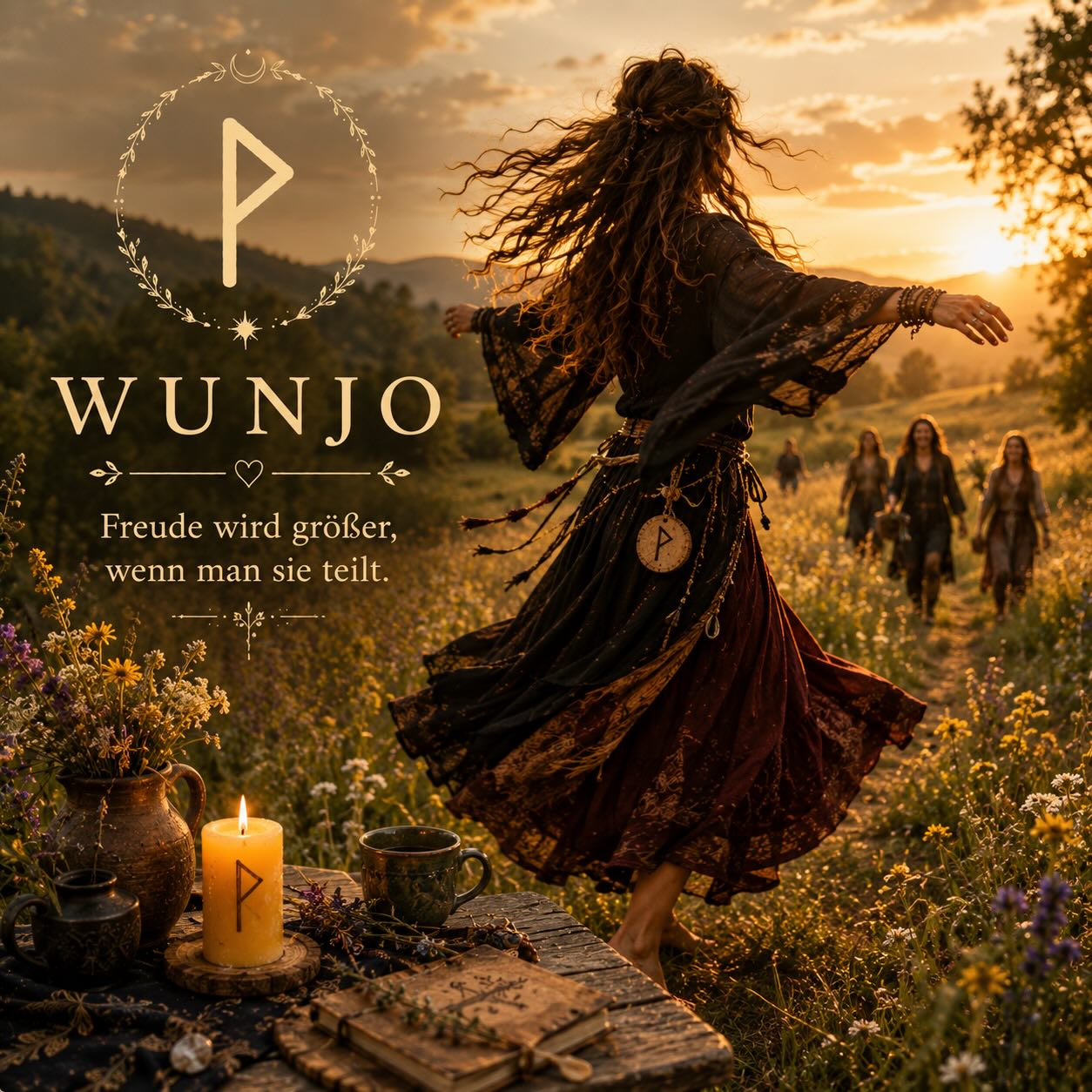 Wunjo ist eine Rune, mit der ich arbeite, wenn das Leben zu schwer geworden ist.

Nicht, weil sie Probleme verschwinden lässt.

Sondern weil sie den Blick wieder auf das richtet, was trotzdem schön ist.

Ich ritze Wunjo gerne in eine gelbe Kerze, wenn ich bewusst mehr Freude in mein Zuhause einladen möchte. Manchmal stelle ich sie bei einem gemeinsamen Essen auf den Tisch, manchmal begleitet sie einen Abend mit Freunden oder ein kleines Dankbarkeitsritual.

Für mich geht es bei Wunjo nicht darum, ständig glücklich zu sein.

Es geht darum, den Moment wahrzunehmen, in dem gelacht wird.
Den ersten Sonnenstrahl.
Ein gutes Gespräch.
Das Gefühl, angekommen zu sein.

Freude ist oft viel leiser, als wir glauben.

Und doch verändert sie etwas.

Nicht nur in uns.

Sondern auch in den Menschen, mit denen wir sie teilen.

✨

Mit Wunjo verbinde ich die Erinnerung, das Leben nicht nur zu bewältigen, sondern es auch zu feiern.

#runen #wunjo #die_wanderhexe #hexenwissen #modernehexe