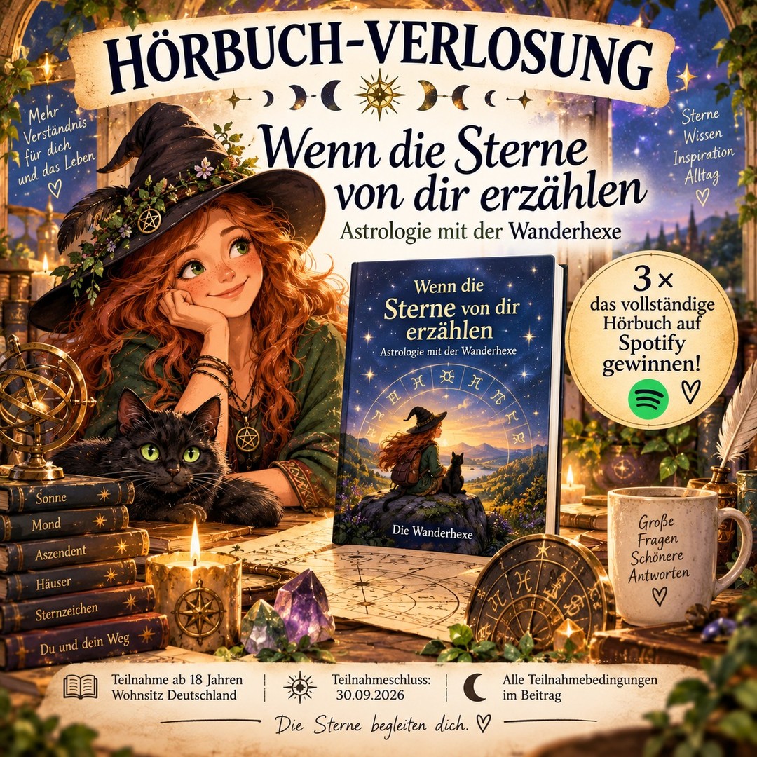 ✨ HÖRBUCH-VERLOSUNG ✨

„Wenn die Sterne von dir erzählen – Astrologie mit der Wanderhexe“ gibt es jetzt auch als Hörbuch! 🌙✨

In diesem Buch nehme ich dich mit auf eine Reise durch die Astrologie: zu den zwölf Sternzeichen, Sonne, Mond und Aszendent, den Elementen, Planeten und Häusern – verständlich erklärt und ohne dich mit kompliziertem Fachwissen zu erschlagen.

Und weil ich mich sehr darüber freue, dass man diese Reise nun auch hören kann, möchte ich das mit euch feiern. ❤️

🎧 Ich verlose 3 Spotify-Einlösecodes für das vollständige Hörbuch!

So hüpfst du in den Lostopf:
⭐ Folge @die_wanderhexe
❤️ Like diesen Beitrag
💬 Schreib mir in die Kommentare: Was ist dein Sternzeichen – und kennst du auch dein Mondzeichen und deinen Aszendenten?

Teilen darfst du die Verlosung natürlich sehr gerne, ist aber keine Teilnahmebedingung.

🍀 Teilnahmeschluss: 30.09.2026, 23:59 Uhr.

Teilnahme ab 18 Jahren und mit Wohnsitz in Deutschland. Die Teilnahme ist kostenlos und nicht an einen Kauf gebunden. Unter allen gültigen Teilnahmen lose ich am 01.10.2026 drei Personen aus und benachrichtige sie per Instagram-Direktnachricht. Jede Gewinnerin bzw. jeder Gewinner erhält einen einmalig verwendbaren Spotify-Einlösecode. Ein Spotify-Konto wird benötigt; eine Barauszahlung ist ausgeschlossen.

Meine vollständigen Angaben sowie die Datenschutzhinweise findet ihr auf meiner Webseite (Link in der Bio).

Diese Verlosung steht in keiner Verbindung zu Instagram oder Spotify und wird von diesen weder gesponsert, unterstützt noch organisiert. Verantwortlich für die Verlosung bin ausschließlich ich als Betreiberin von Die Wanderhexe.

Mit der Teilnahme werden diese Bedingungen akzeptiert.

Ich drücke euch die Daumen! 🍀
Eure Wanderhexe ❤️

#hörbuchverlosung #astrologie #sternzeichen #hörbuch #die_wanderhexe