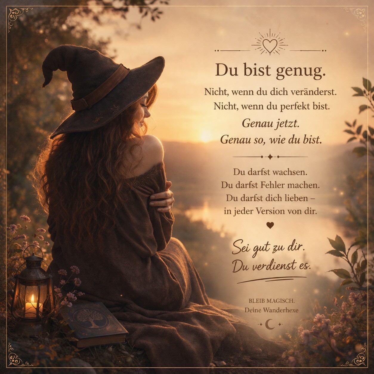 Du bist genug.
Nicht irgendwann.
Nicht erst, wenn du dich veränderst.
Nicht erst, wenn alles „perfekt“ ist.

Sondern genau jetzt.

Ich weiß, wie leicht es ist, sich selbst zu hinterfragen.
Den eigenen Körper.
Die eigenen Entscheidungen.
Die Version von sich, die man gerade ist.

Und manchmal ist man selbst der Mensch,
der am strengsten mit sich umgeht.

Du darfst wachsen.
Du darfst dich entwickeln.
Aber nicht aus Ablehnung heraus –
sondern aus Liebe zu dir.

✨ Sei gut zu dir.
Du verdienst es.

#die_wanderhexe #selbstannahme #dubistgenug #selbstliebe #innererfrieden