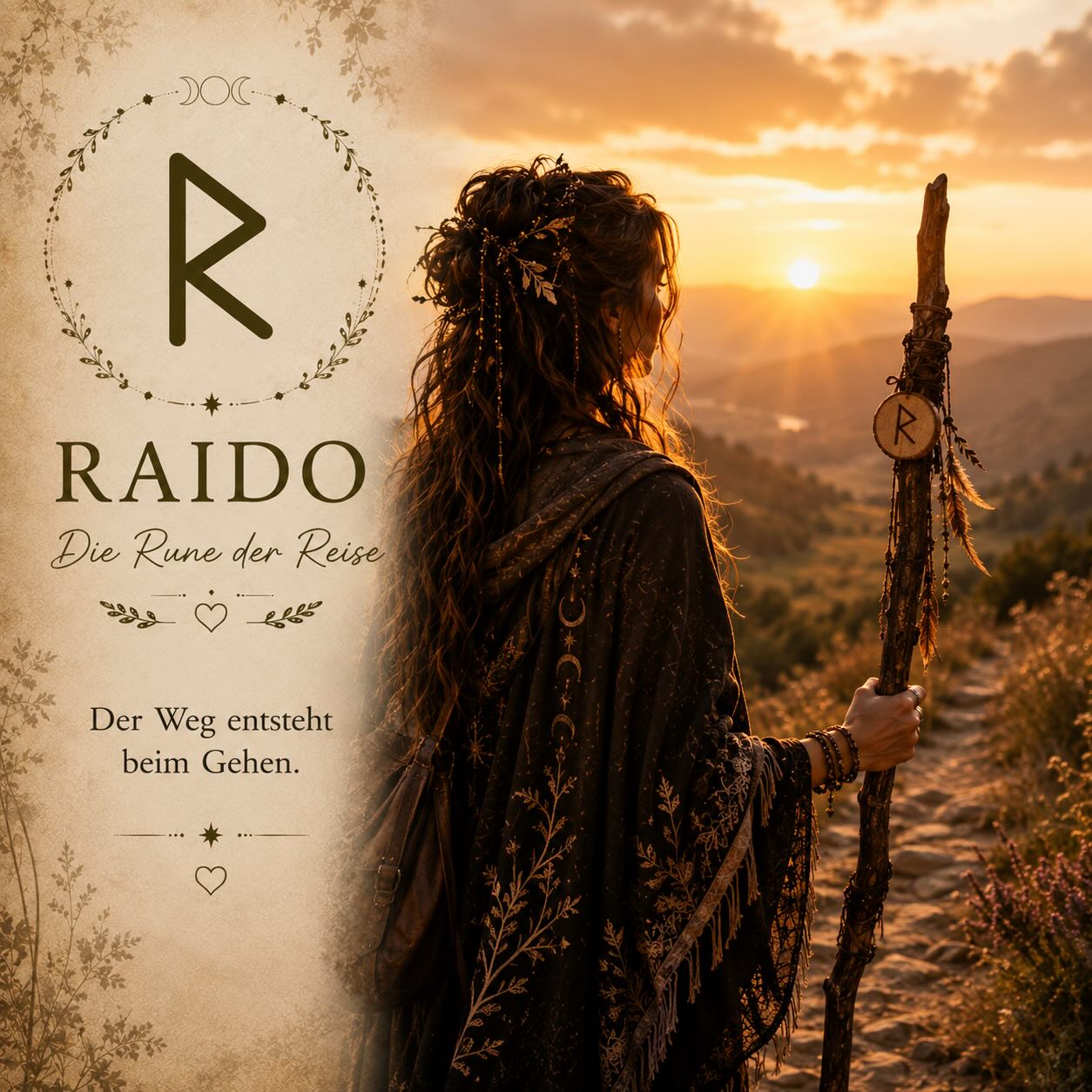 Raido ist für mich eine Rune, die ich nutze, wenn ich merke:
Stillstand bringt mich nicht weiter.

Nicht jeder Weg zeigt sich sofort komplett.
Manchmal sieht man nur den nächsten Schritt.
Und genau darum geht es bei Raido.

Um Bewegung.
Um Richtung.
Um das bewusste Losgehen.

Ich arbeite mit dieser Rune gerne in Zeiten, in denen Veränderungen anstehen.
Vor Reisen.
Vor neuen Lebensabschnitten.
Oder wenn ich das Gefühl habe, irgendwo festzustecken.

Zum Beispiel binde ich Raido bewusst an meinen Wanderstab oder trage die Rune bei mir, wenn ich Klarheit für meinen weiteren Weg suche.

Nicht, damit plötzlich alles perfekt wird.
Sondern um mich selbst daran zu erinnern:
Der Weg entsteht nicht im Warten.

Sondern beim Gehen.

Und manchmal beginnt Veränderung genau in dem Moment, in dem man aufhört, auf den „richtigen Zeitpunkt“ zu warten.

✨

#runen #raido #die_wanderhexe #hexenwissen #modernehexe