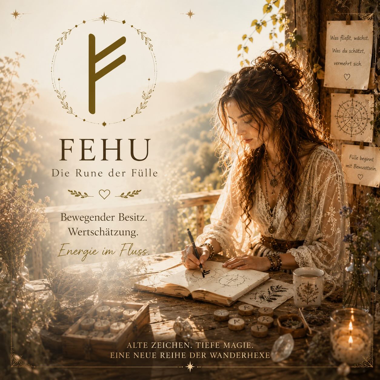 Fehu ist eine Rune, zu der ich gerne greife, wenn etwas wieder ins Fließen kommen soll.

Denn Fülle bedeutet nicht nur Geld.

Fülle kann auch Ruhe sein. 
Ein Zuhause, das sich sicher anfühlt. 
Menschen, die bleiben. 
Energie, die nicht ständig verloren geht.

Fehu steht für bewegenden Besitz. 
Für Dinge, die wachsen dürfen, wenn man lernt, bewusst mit ihnen umzugehen.

Ich nutze diese Rune zum Beispiel in Zeiten, in denen ich wieder mehr Stabilität in bestimmte Bereiche bringen möchte. 
Nicht aus Gier. 
Nicht für schnellen „Wunschzauber“.

Sondern eher, um etwas zu stärken, das bestehen bleiben soll.

Manche zeichnen sie auf Papier. 
Manche auf Kerzen. 
Manche tragen sie bei sich oder arbeiten bewusst mit ihr in Ritualen für Wohlstand, Energie oder neue Wege.

Und genau das mag ich an Runen.

Dass sie nicht laut sein müssen. 
Oft reicht ein einziges bewusst gesetztes Zeichen.

✨

Arbeitet ihr bereits mit Runen oder begegnet ihr ihnen gerade zum ersten Mal?

Wenn dir diese neue Reihe gefällt, freue ich mich riesig über ein Like, einen Kommentar oder wenn du den Beitrag speicherst. So sehe ich, welche Themen euch besonders interessieren und welche Runen wir gemeinsam noch öffnen dürfen. 🌙

#runen #fehu #die_wanderhexe #hexenwissen #modernehexe
