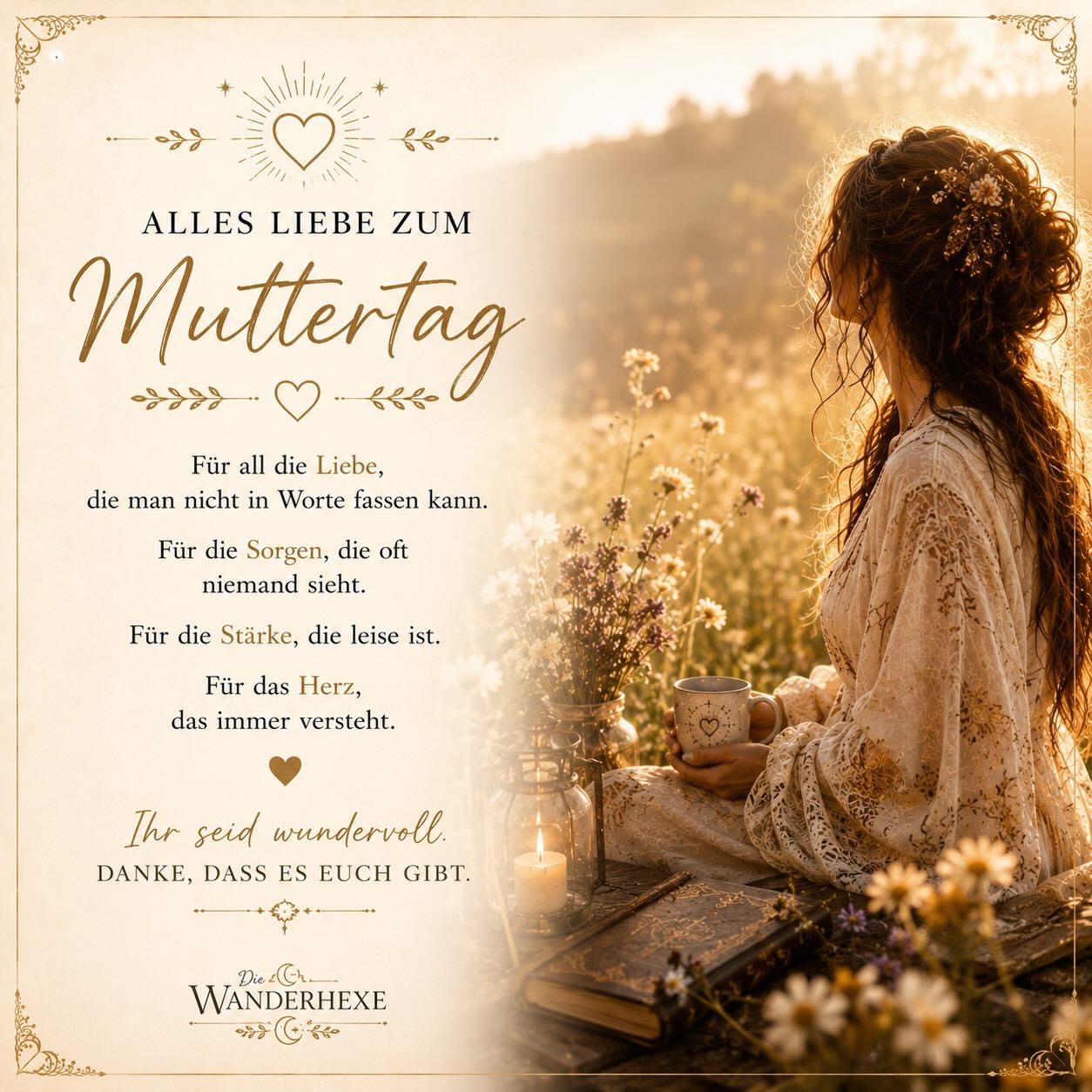 Heute ist Muttertag. 🌿🖤

Und heute möchte ich allen Müttern von Herzen Danke sagen.

Für all die kleinen Dinge, die oft niemand sieht. 
Für die schlaflosen Nächte. 
Für die Sorgen, die still getragen werden. 
Für das Mitfühlen, Auffangen, Trösten und Starksein – selbst an Tagen, an denen man selbst kaum Kraft hat.

Mutter zu sein bedeutet nicht, perfekt zu sein. 
Es bedeutet zu lieben. Immer wieder. 
Mit ganzem Herzen.

Eine Mutter hört nie auf, Mutter zu sein. 
Ganz egal, wie alt die Kinder werden. 
Man macht sich Gedanken. 
Man hofft. 
Man sorgt sich. 
Und man trägt diese tiefe Verbindung ein Leben lang in sich.

Und vielleicht vergessen viele Mütter viel zu oft, wie wertvoll sie eigentlich sind.

Denn zwischen Alltag, Verantwortung und all den Dingen, die erledigt werden müssen, bleibt das eigene Herz manchmal auf der Strecke.

Darum heute einfach mal diese Worte:

✨ Ihr seid wundervoll. 
✨ Ihr seid wichtig. 
✨ Ihr seid mehr als genug.

Alles Liebe zum Muttertag. 🤍

#die_wanderhexe #muttertag #mutterliebe #familie #herzensmenschen