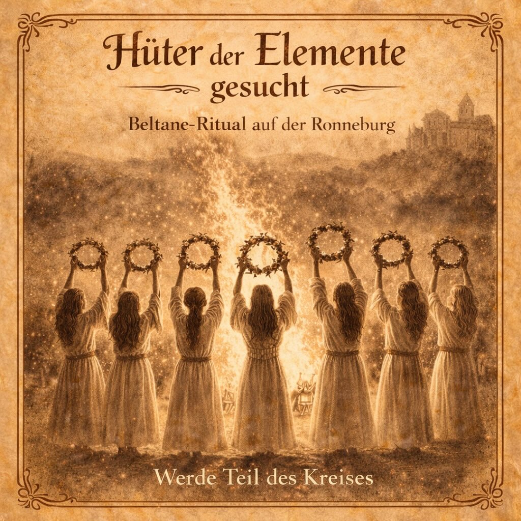 🌸 Hüter der Elemente gesucht – Werde Teil des großen Beltane-Rituals auf der Ronneburg 🌸

Ihr Lieben,
das große Beltane-Ritual auf der Ronneburg steht bevor – und in diesem Jahr darf es noch lebendiger, noch kraftvoller und noch gemeinschaftlicher werden.

Wir öffnen den Kreis.
Und DU kannst Teil davon sein.

Für das Ritual suchen wir Hüter der Elemente – Menschen, die gemeinsam mit uns den Schutzkreis bilden und die Energie dieses besonderen Abends mittragen. Ihr werdet nicht nur Zuschauer sein, sondern Teil des Rituals, Teil der Atmosphäre, Teil der Magie.

✨ Was bedeutet das?
Wir laufen gemeinsam ein – begleitet von Trommeln, Summen und der Kraft der Gemeinschaft. Der äußere Kreis wird von euch gebildet: als schützender Ring, als tragende Energie, als sichtbares Zeichen für Verbundenheit und Zusammenhalt.

Dieses Jahr steht das Ritual unter dem Thema Dualität – Licht und Schatten. Beides gehört zum Leben. Beides trägt uns. Und genau diese Tiefe wollen wir gemeinsam fühlbar machen.
Details in den Kommentaren.
#die_wanderhexe #beltane #hexenleben #rituale #walpurgisnacht